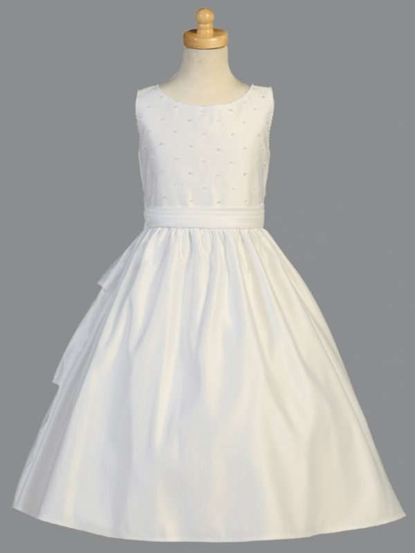 SP853 White First Communion Dress Satin with pearl accents - Image 2