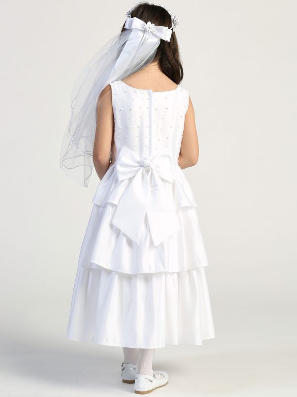 SP853 Model back — SP853 White First Communion Dress Satin with pearl accents