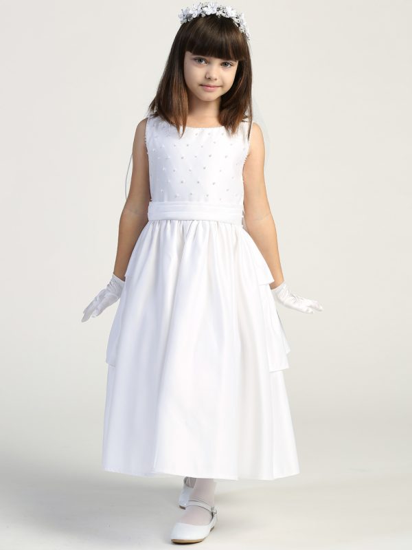 SP853 model — SP853 White First Communion Dress Satin with pearl accents