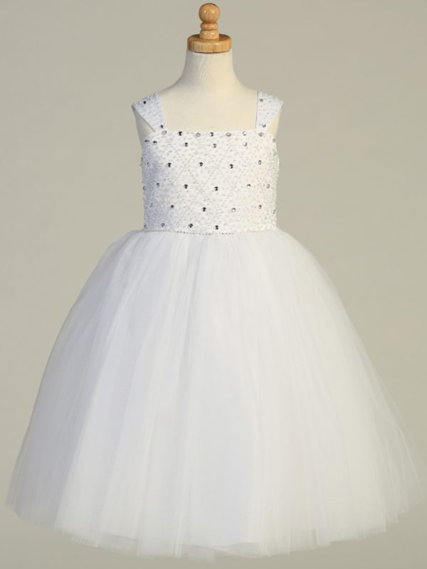 SP927 without bolero front 01 — SP927 White First Communion Dress Beaded satin & tulle