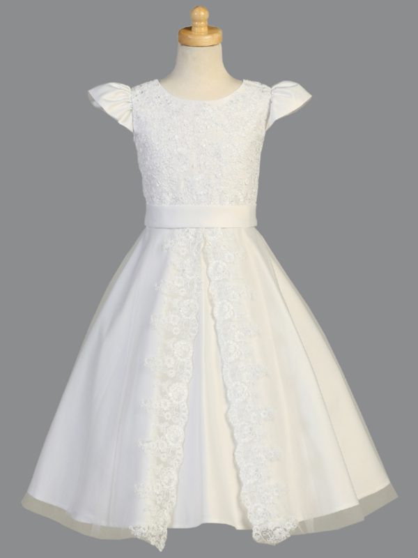 SP975 — SP975 White First Communion Dress Satin with corded lace applique