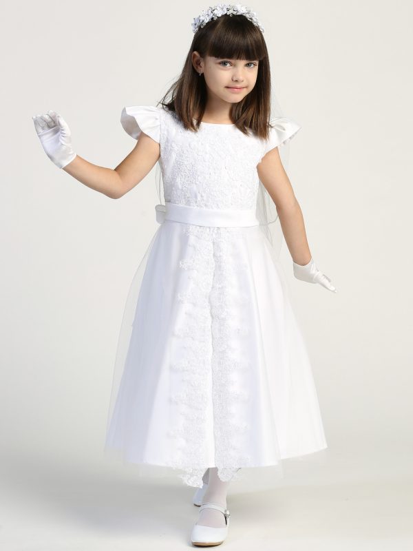 SP975 Model — SP975 White First Communion Dress Satin with corded lace applique