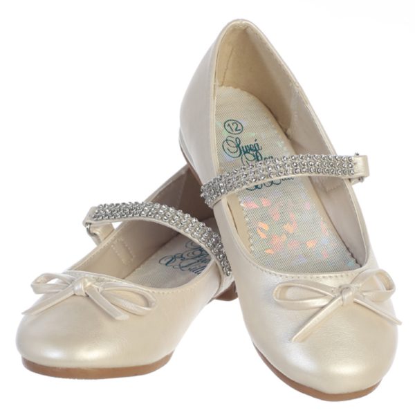 Summer Ivory — SUMMER BLK Girl's flat shoes with rhinestone strap & bow accent - Girls