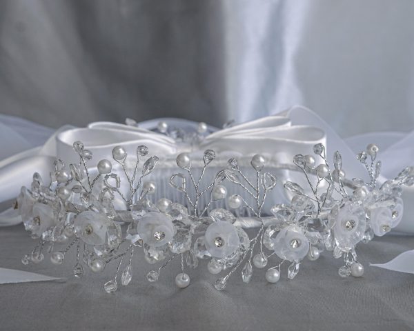T 28 CB Front — T-28 WHT 24" Veil - Crystal & organza flowers with rhinestone accents - Veils