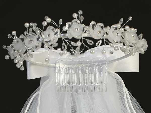 T 28 closeup — T-28 WHT 24" Veil - Crystal & organza flowers with rhinestone accents - Veils