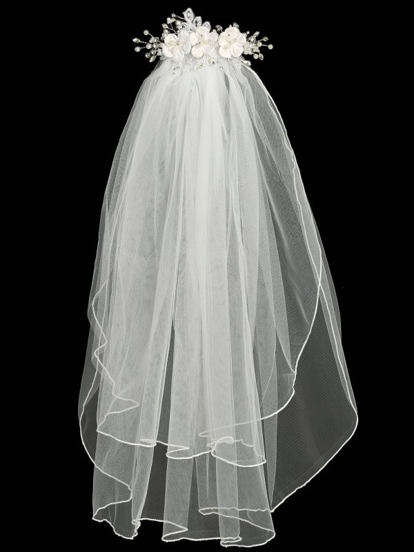 T 307 Full — T-307 WHT 24" veil on comb - Satin flowers with pearls - Veils