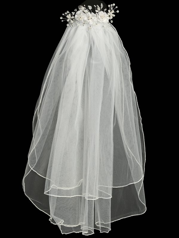 T 308 Full — T-308 WHT 24" veil on comb - Corded flowers with pearls & rhinestones - Veils