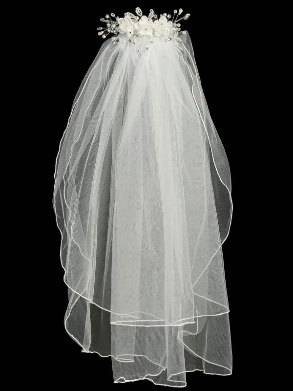 T 309 Full — T-309 WHT 24" veil on comb - Organza & Corded flowers with rhinestones - Veils