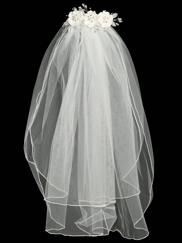 T 311 Full — T-311 WHT 24" veil on comb - Silk & Organza flowers with pearls & rhinestones - Veils