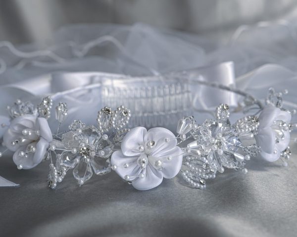 T 315 CB Front — T-315 WHT 24" Veil - Satin & Crystal flowers with pearl & rhinestones - Veils