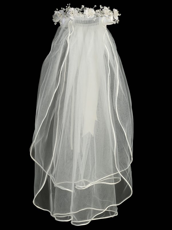 T 505 Front — T-505 WHT 24" veil - Corded flowers with pearls & rhinestones - Veils