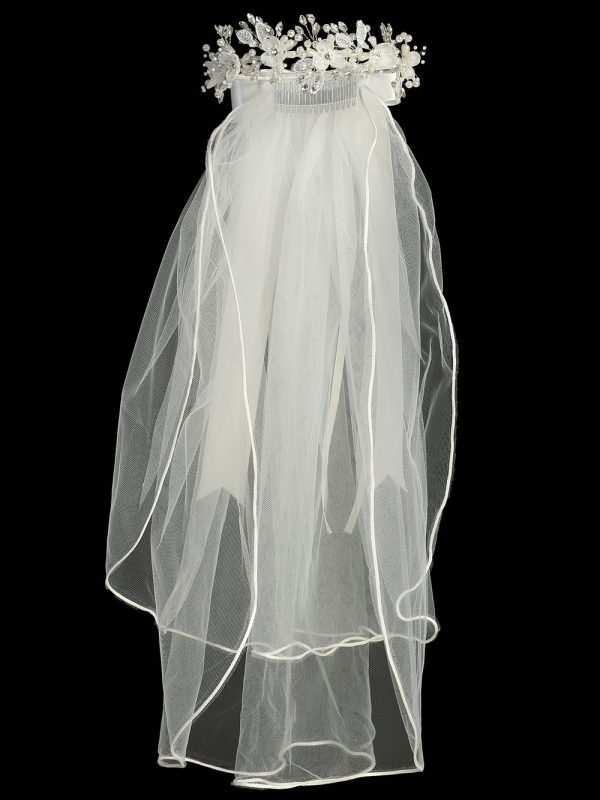 T 509 Front — T-509 WHT 24" veil - Organza flowers with pearls & rhinestones - Veils
