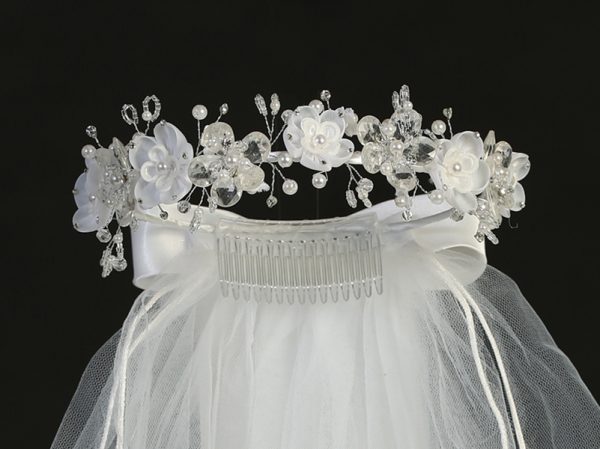 T409cu — T-409 WHT 24" Veil - Organza and Crystal Flowers - Veils