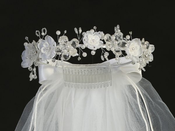 T409cu 01 — T-409 WHT 24" Veil - Organza and Crystal Flowers - Veils
