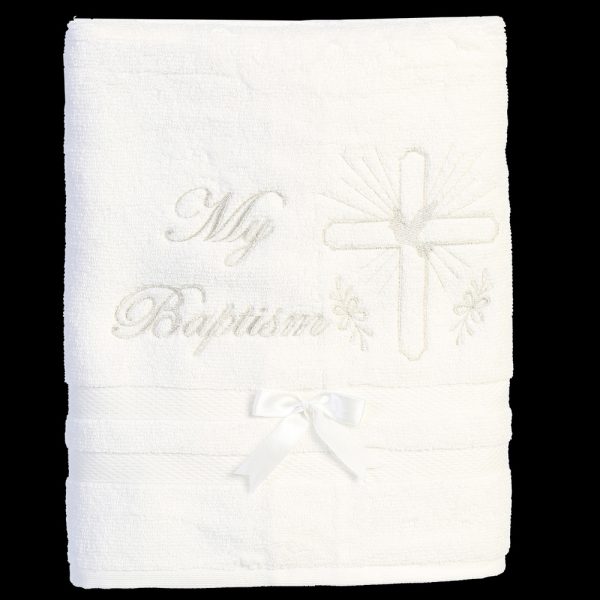 b 99 updated — B-99 ENG Christening towel with silver embroidered cross & dove - Bibs & Blankets