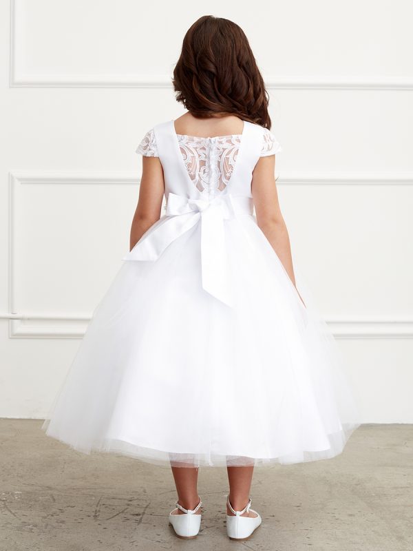 5821 Ivory Flower Girl Dresses Satin Bodice With a Beaded Neckline - Image 2