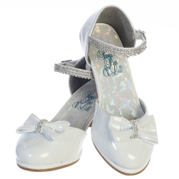 Bella White 01 — BELLA IVO Girls shoes with 1 3/4" heel & rhinestone ankle strap