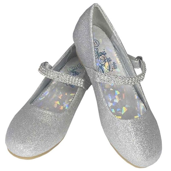 Mia Silver 02 — MIA BLK Girls shoes with 1" heel & rhinestone strap