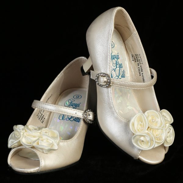 Nancy Ivory 02 — NANCY Ivory Girls shoes with 1 1/2" heel & satin flowers with pearl accents