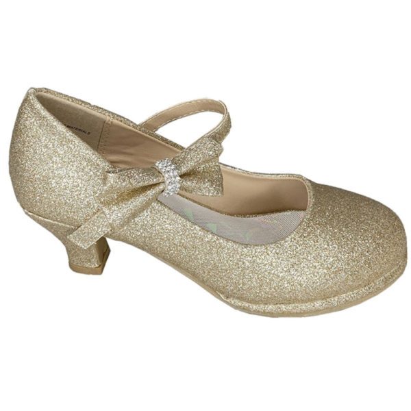 Pearl Gold side — PEARL GOL Girls shoes with 2" heel & adjustable strap, side bow with rhinestones