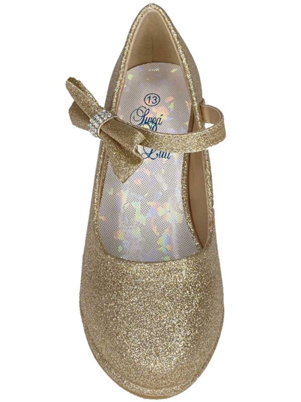 Pearl Gold top — PEARL GOL Girls shoes with 2" heel & adjustable strap, side bow with rhinestones