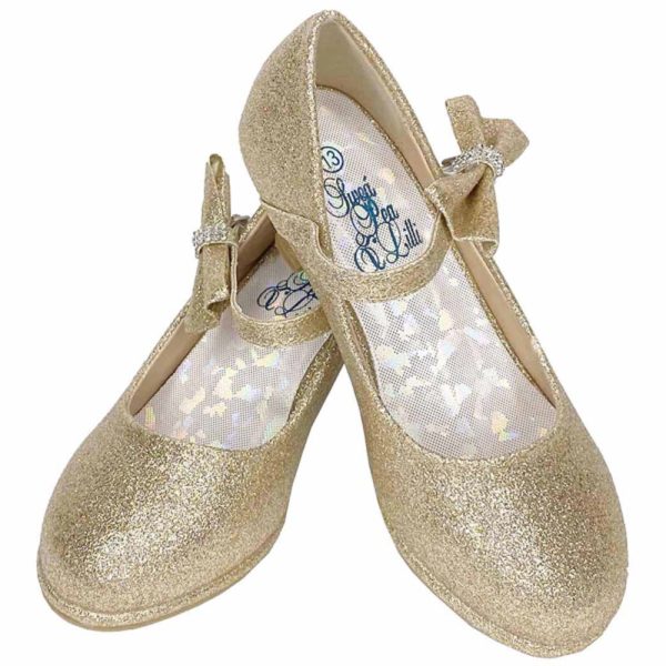 Pearl gold 02 — PEARL GOL Girls shoes with 2" heel & adjustable strap, side bow with rhinestones